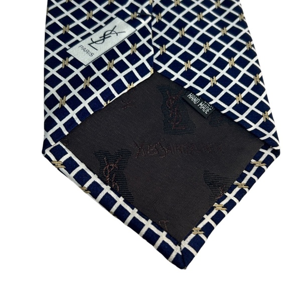 Yves Saint Laurent Paris Luxury Silk Necktie Tie Vintage Monogrammed Window Pane - Picture 8 of 14